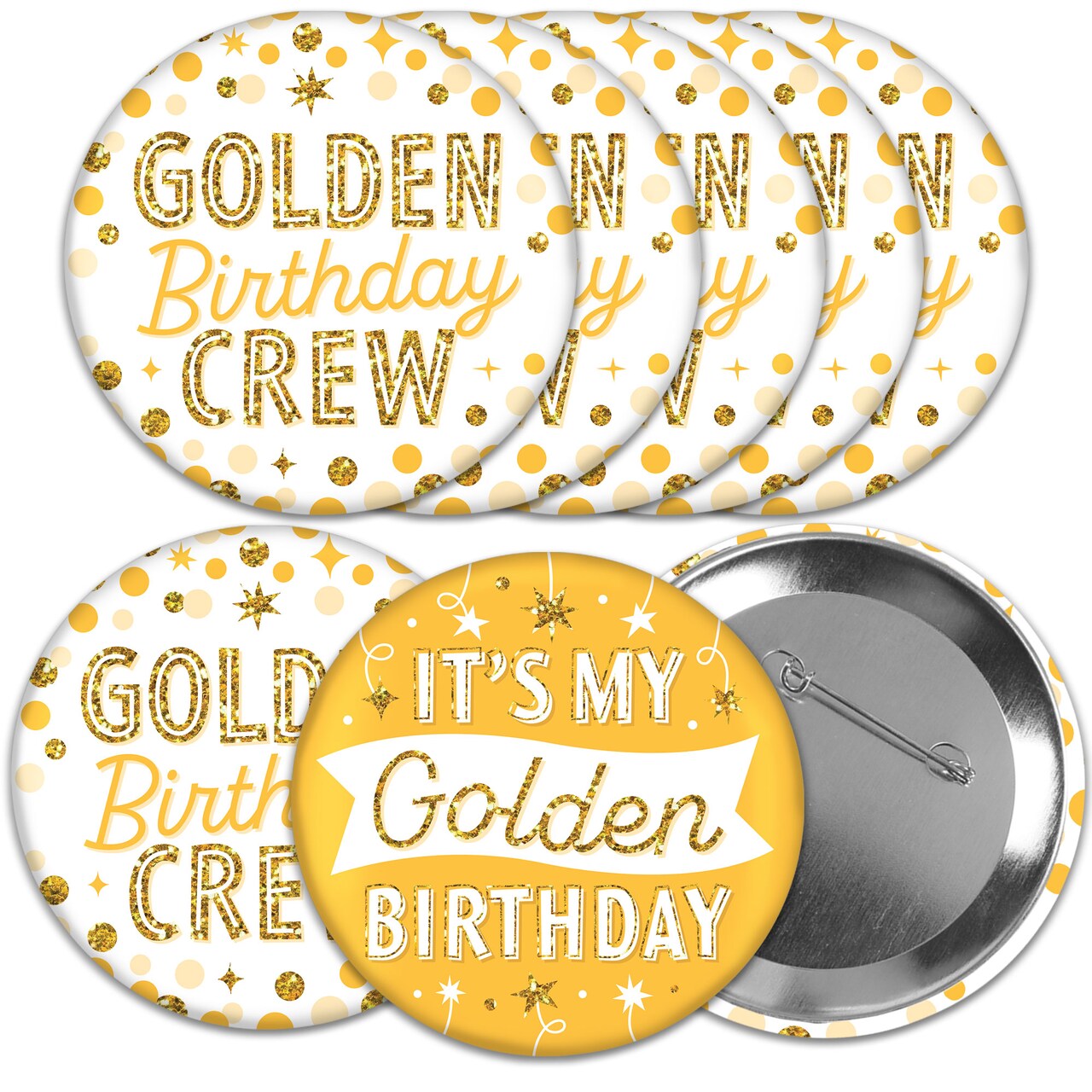 Big Dot of Happiness Golden Birthday - 3 inch Happy Birthday Party Badge - Pinback Buttons - Set of 8